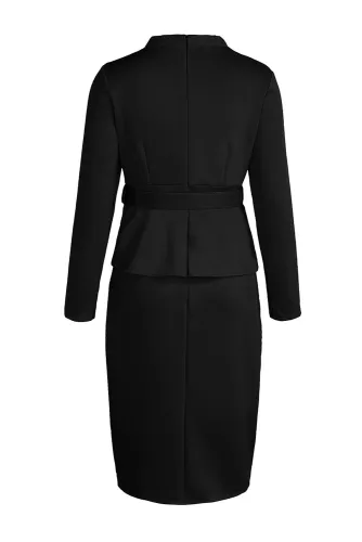 Black Long Sleeve Mid-Calf Falbala Asymmetrical Pullover Dress