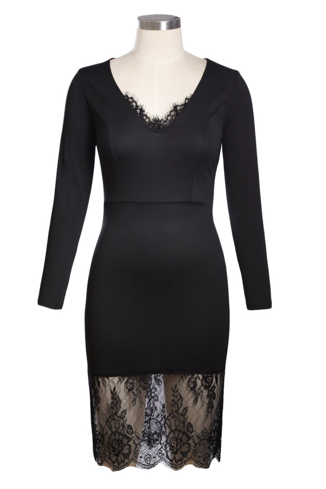 Black Eyelash Lace Overlay Long Sleeve Bodycon Dress