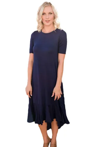 Navy Blue Flowy Ruffles Short Sleeve Casual Dress