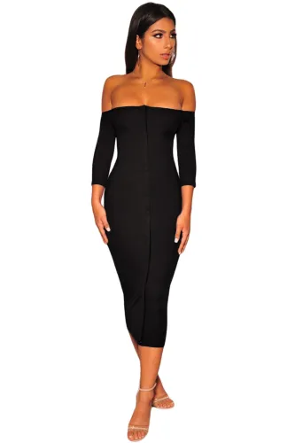 Invisible Button Down Black Off Shoulder Midi Dress