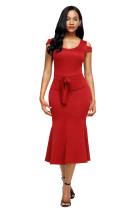 Burgundy Cold Shoulder Bow Detail Mermaid Dress