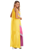 Yellow Chevron Color Block Halter Neck Maxi Dress