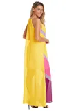 Yellow Chevron Color Block Halter Neck Maxi Dress