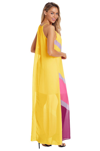 Yellow Chevron Color Block Halter Neck Maxi Dress