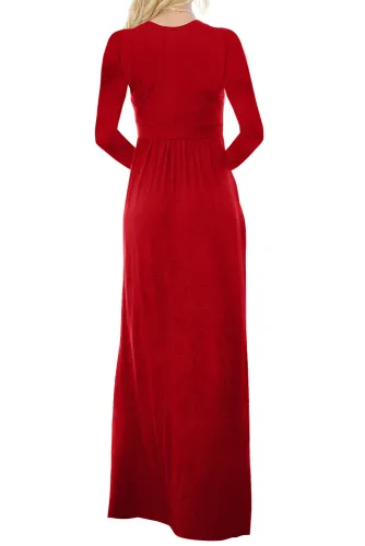 Red Long Sleeve Buttoned Casual Maxi Dress