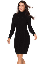 Black Cable Knit High Neck Sweater Dress