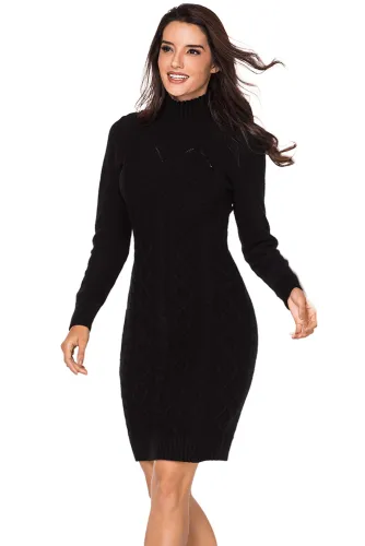 Black Cable Knit High Neck Sweater Dress