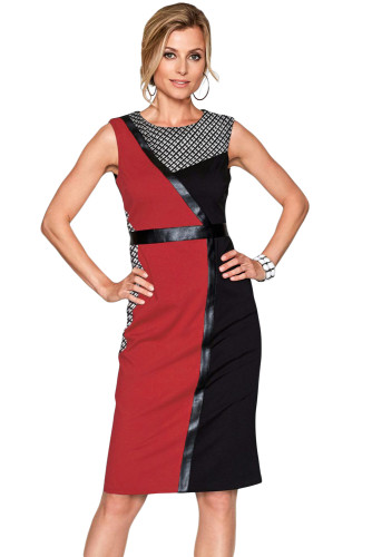 Red Black Asymmetric Patchwork Leather Trim Sheath Dress