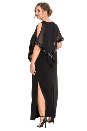 Black Plus Size Cold Shoulder Sequin Mesh Poncho Maxi Dress