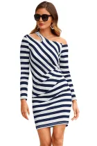 Navy Striped Asymmetric Shoulder Cutout Mini Dress