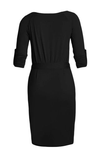 Black Roll-tab Long Sleeve Tie Waist Midi Dress