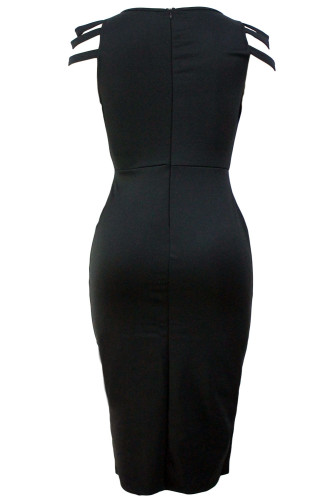 Strappy Cap Sleeves Jewel Accent Black Midi Dress