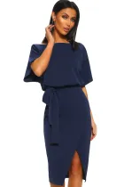 Blue Belted Wrap Front Midi Dress