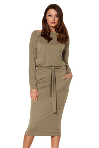 Olive Roll-tab Long Sleeve Tie Waist Midi Dress