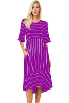 Purple White Striped Bell Sleeve Hi-low Midi Dress