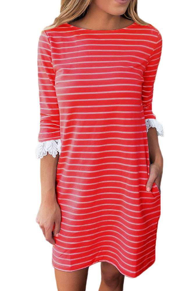 Red Striped Body Lace Cuffs Insert Casual Dress