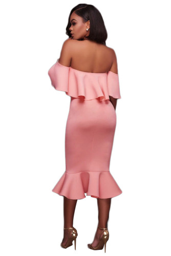 Pink Ruffle Off Shoulder Mermaid Midi Party Dress