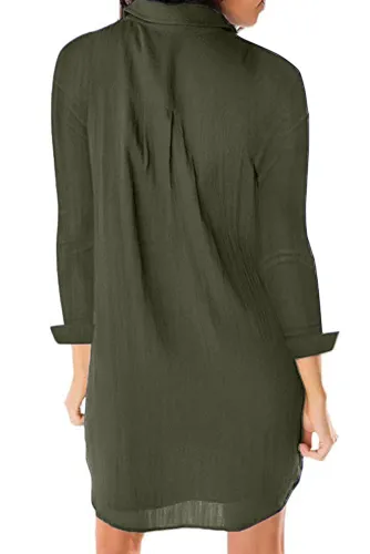 Army Green Long Sleeve Button Crepe Shirt Dress