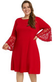 Red Sequin Lace Bell Sleeve Plus Size Mini Dress