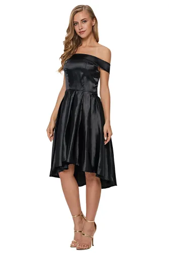 Black Off Shoulder Pleated Satin Homecoming Dress