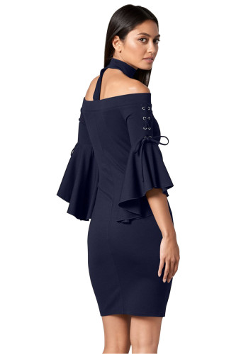 Grommet Lacing Sleeved Navy Choker Dress