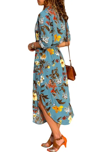 Blue Bohemian Floral Print Notch Lapel Belted Shirt Dress