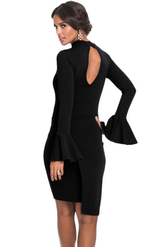 Black Keyhole Back Asymmetric Bodycon Midi Dress