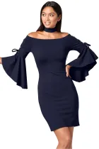 Grommet Lacing Sleeved Navy Choker Dress