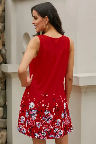 Red Crew Neck A-Line Daily Beach Floral Dress