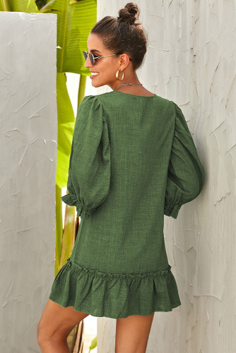 Green Casual Loose V Neck Short Swing Dress