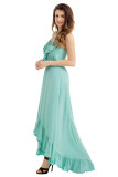 Mint Green Lace Up V Neck Ruffle Trim Hi-low Maxi Dress