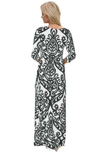 White Black Damask Print Wrap V Neck Boho Dress
