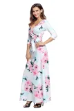 White Floral Print Wrapped Long Boho Dress