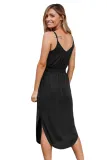 Black Spaghetti Straps Drawstring Waist Midi Dress