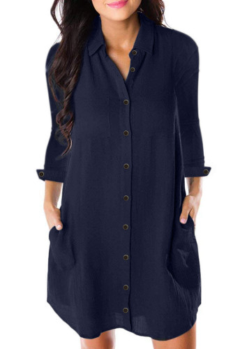 Navy Blue Long Sleeve Buttoned Crepe Shirt Dress