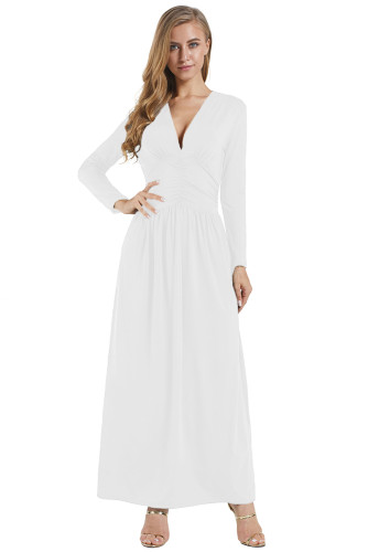 White Vintage Inspired V-neck Long Sleeve Maxi Dress