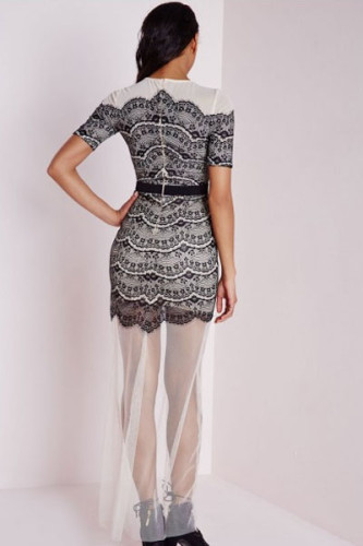 Black Lace Overlay Sheer Mesh Extension Maxi Dress