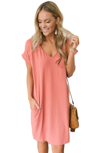 Pink V Neck Cuffed T-shirt Dress