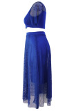 Blue Mesh Joint Plus Crop Top Skirt Set