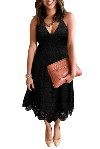 Black Lace Floral V Neck Backless Cocktail A-Line Dress
