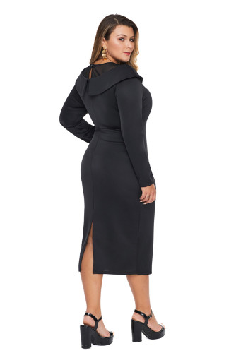 Black Mesh Neck Patchwork Plus Size Midi Dress