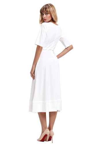 White Half Sleeve V Neck High Waist Flared Dress