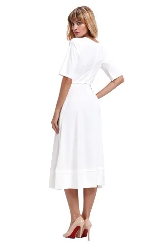 White Half Sleeve V Neck High Waist Flared Dress