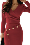 Asymmetric Button Detail Burgundy Ruched Midi Dress