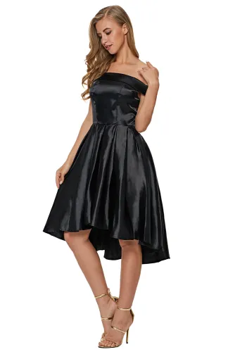 Black Off Shoulder Pleated Satin Homecoming Dress