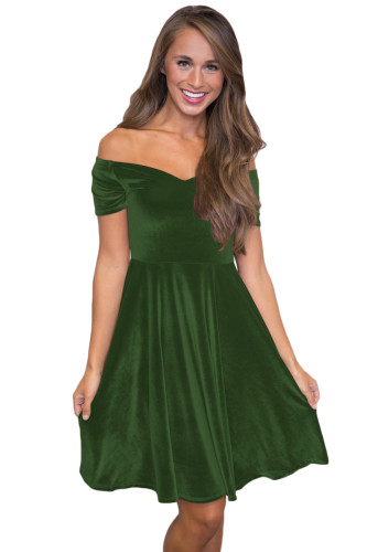 Green Velvet Off Shoulder Pleated Skater Dress