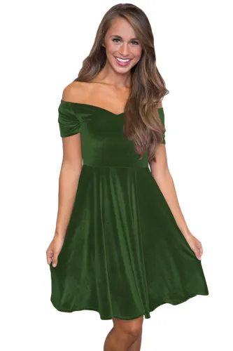 Green Velvet Off Shoulder Pleated Skater Dress