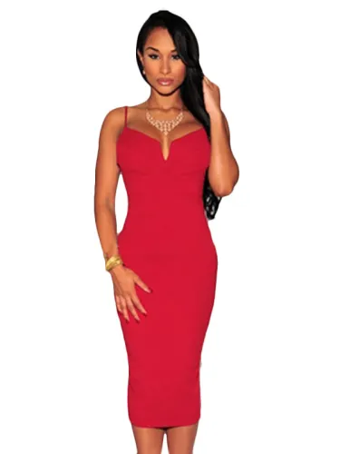 Red Plunging V Neck Midi Dress