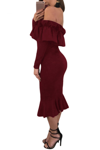 Burgundy Long Sleeve Ruffle Off Shoulder Dress