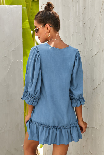 Sky Blue Casual Loose V Neck Short Swing Dress